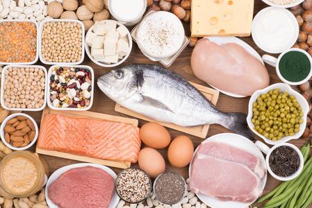 野生绿豌豆健康饮食中的各种蛋白质来源, 如鱼类,肉类乳制品,豆类等
